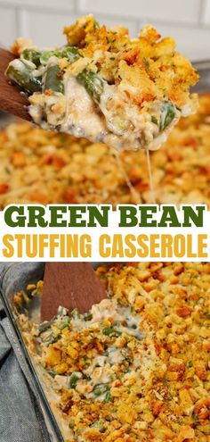 green bean stuffing casserole is being lifted from the casserole dish with a wooden spoon