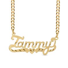 Perfect your everyday look with this personalized name necklace. Sterling silver with 14K gold plate Features your name, three to 10 characters in length, sculpted in a cursive script font A scrolling heart-centered underline completes the design Satin finish with diamond-cut detailing 18.0-inch curb chain necklace; spring-ring clasp Name Chain, Name Plate Necklace, 42nd Birthday, Heart Ribbon, Cursive Script, Curb Chain Necklace, Plate Necklace, Script Font, Necklace Sterling Silver