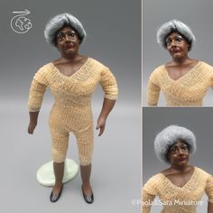 four photos of an old woman with grey hair and glasses, wearing a yellow knitted outfit