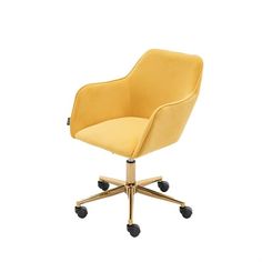 a yellow office chair with wheels and casteors on an isolated white background, viewed from the front