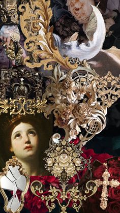 a collage of images with flowers and other things in them, including an image of a woman's face