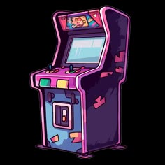 an old school arcade game machine in purple and blue with arrows coming out of it