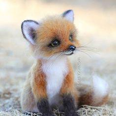 a small stuffed fox sitting on top of dry grass and looking at the camera with one eye open