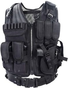 a black vest with multiple compartments and straps