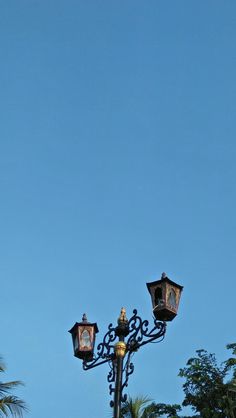 an old fashioned lamp post with two lamps on top and palm trees in the background