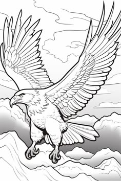 a black and white drawing of an eagle flying in the sky with clouds behind it