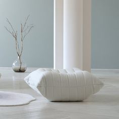 two white pillows sitting on top of a floor next to a vase with a plant in it