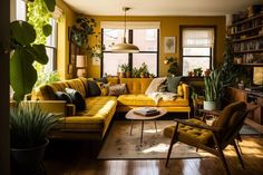 a living room filled with furniture and plants