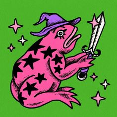 a drawing of a pink pig holding a knife in its mouth with stars around it