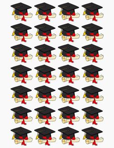 graduation caps and diplomas are arranged in rows on a white background with red ribbon