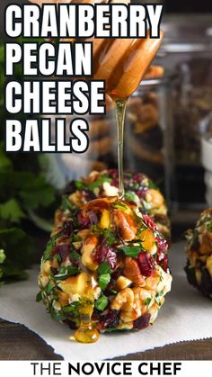 cranberry pecan cheese balls on a napkin with the title overlaying it