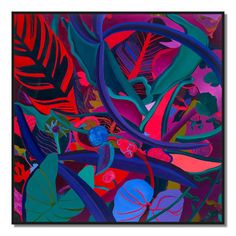 an abstract painting with leaves and flowers in red, blue, pink, green and purple colors