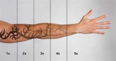 a man's arm with tattoos on it and numbers in the middle, as well as measurements