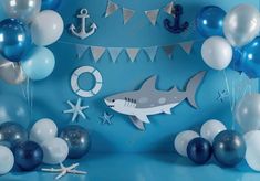 Sea Shark Backdrop - Gatsby Backdrop Shark Backdrop, Sea Shark, Balloons Photography, Shower Balloons, Background Studio, Pregnant Wedding, Blue Shark, Birthday Cake Smash, Studio Props