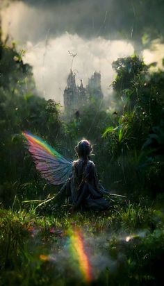 a fairy sitting in the middle of a forest