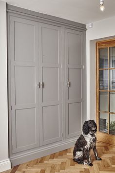 a black and white dog sitting on the floor in front of some gray cupboards