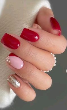 Valentine's Day Nails Short Square, Red French Tip Sparkle, Red Nails Short Square Design, Square Red Nails Design, Cute Red Nail Ideas Short, Red And Silver Nails Short, Valentines Dip Powder Nail Ideas, Red Pink White Nails, February Nail Designs Valentines Day