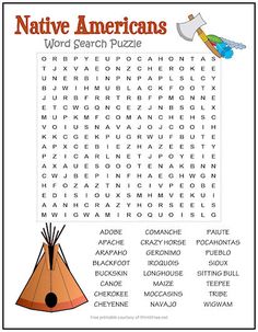 native americans word search puzzle with an image of a teepeel in the background