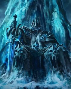 an ice monster standing in front of a frozen mountain with icy water on it's sides