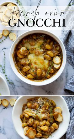 two bowls filled with french onion gnocchini