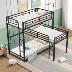 a bunk bed is shown with two mattresses on the bottom and one under it