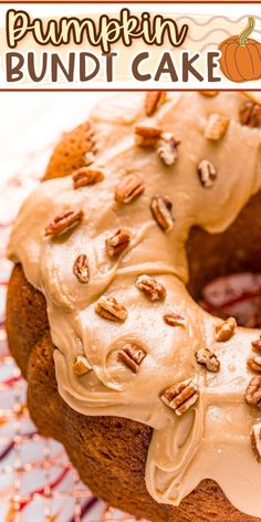 a pumpkin bundt cake with frosting and pecans