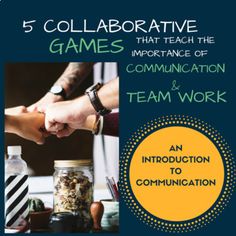 the cover of five collaboration games that teach the importance of communication and team work, with an image of two hands shaking each other's hand