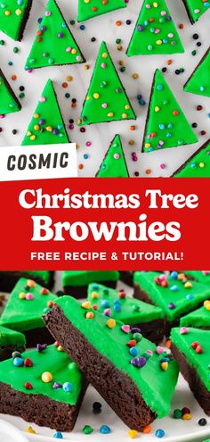 christmas tree brownies with green frosting and sprinkles on a plate