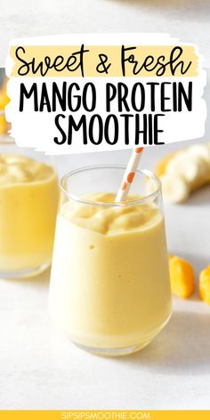 two glasses filled with mango protein smoothie