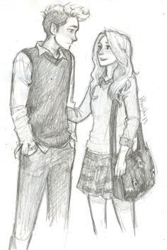 a pencil drawing of two people standing next to each other, one holding the hand of another