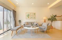 a living room filled with furniture next to a large sliding glass door leading to a balcony