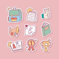 various stickers with different things on them, including books and award ribbons in pink background