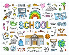 the word school surrounded by doodles and icons