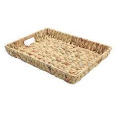 a rectangular woven tray with handles on the bottom is shown in light brown and beige colors