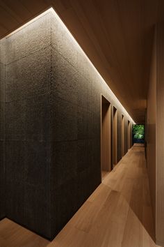 an empty hallway with wooden walls and flooring is lit by recessed lighting from the ceiling