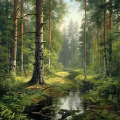 a painting of a forest scene with water and trees