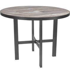 a round table with metal legs and a wooden top, on an isolated white background