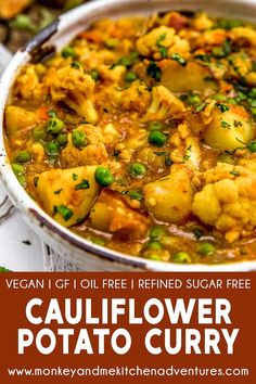 cauliflower potato curry recipe with text overlay