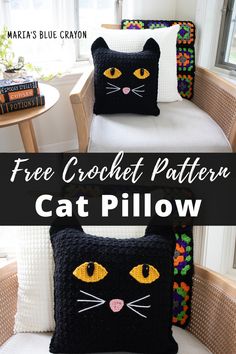 two black crocheted pillows with yellow eyes and the words free crochet patterns cat pillow