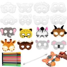 various masks and pencils are shown in front of a white background with an animal mask