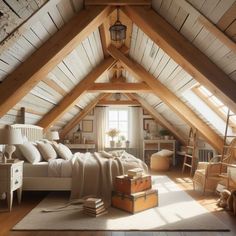 an attic bedroom with wooden floors and white walls, along with lots of natural light from the windows