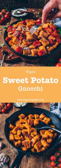 sweet potato gnocchini in a cast iron skillet on a wooden table