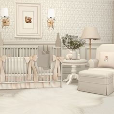 a baby's room is decorated in neutrals and whites