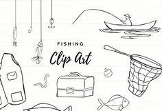 the fishing clip art is drawn in black and white