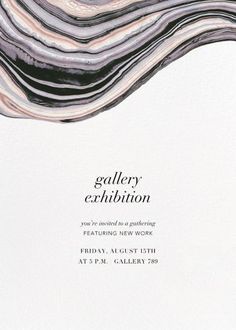 a white card with an abstract design on the front and bottom, says gallery exhibition you're moved to gathering featuring new work