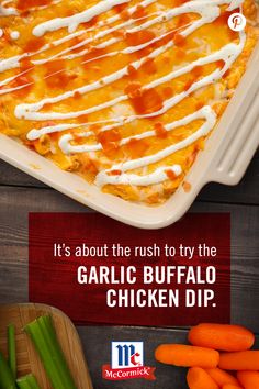 The game-winning combo of McCormick Garlic Powder and Frank’s RedHot comes together in this zesty dip loaded with chicken and cheese. Serve with veggies or pita chips and watch it disappear before halftime. Buffalo Chicken Dip Oven, Baked Buffalo Chicken Dip, Easy Buffalo Chicken Dip, Wing Dip, Chicken Wing Dip, Healthy Buffalo Chicken Dip, Chicken Buffalo, Buffalo Chicken Dip Crock Pot, Crockpot Buffalo Chicken