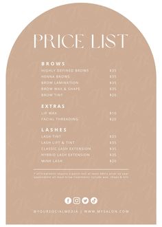 the price list for an event is shown in white and tan colors, with black lettering on