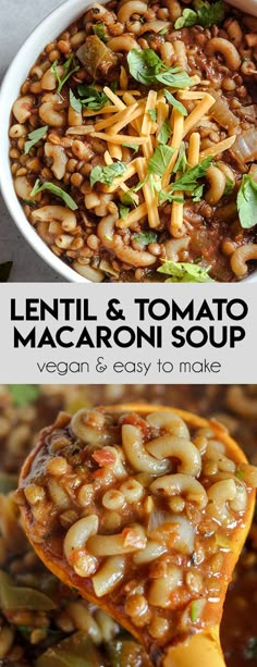 lentils and tomato macaroni soup in a white bowl