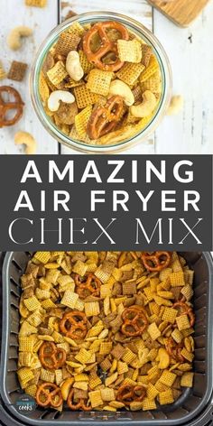 two pictures with the words amazing air fryer chex mix in them and an image of