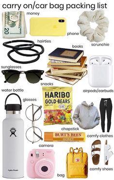 the contents of a carry on / car bag packing list are shown in this image